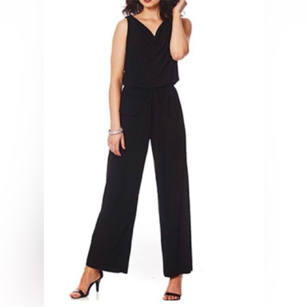 Emma & Michelle black jumpsuit with gold necklace size Large